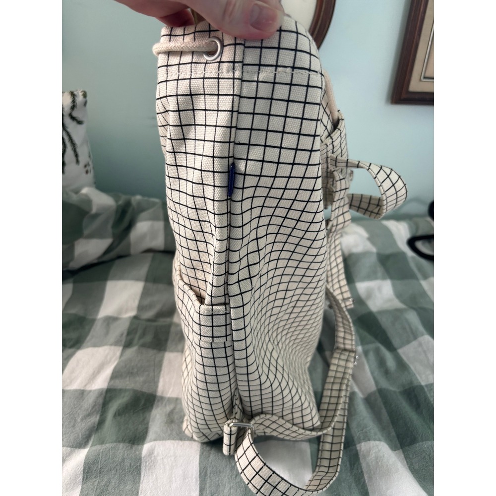 BAGGU Drawstring Canvas Backpack Natural Grid Rucksack Travel - Picture 7 of 11